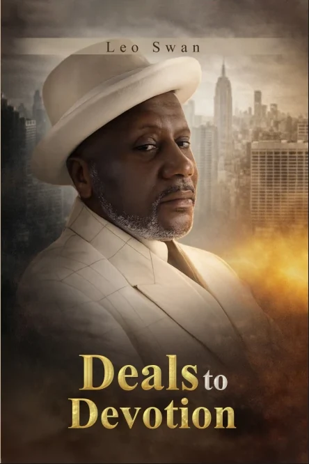 Memoir cover for Deals to Devotion by Leo Swan featuring a formal author portrait and Chicago city background