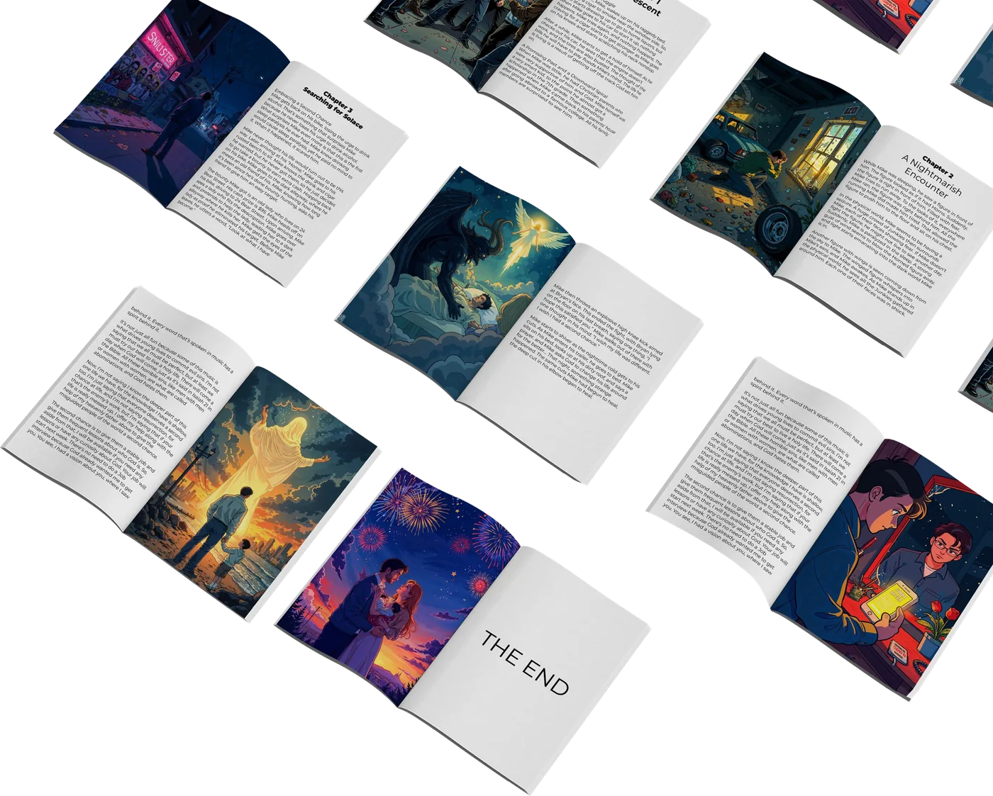 eBook interior illustration spreads from The Busted Tire laid out across multiple open pages