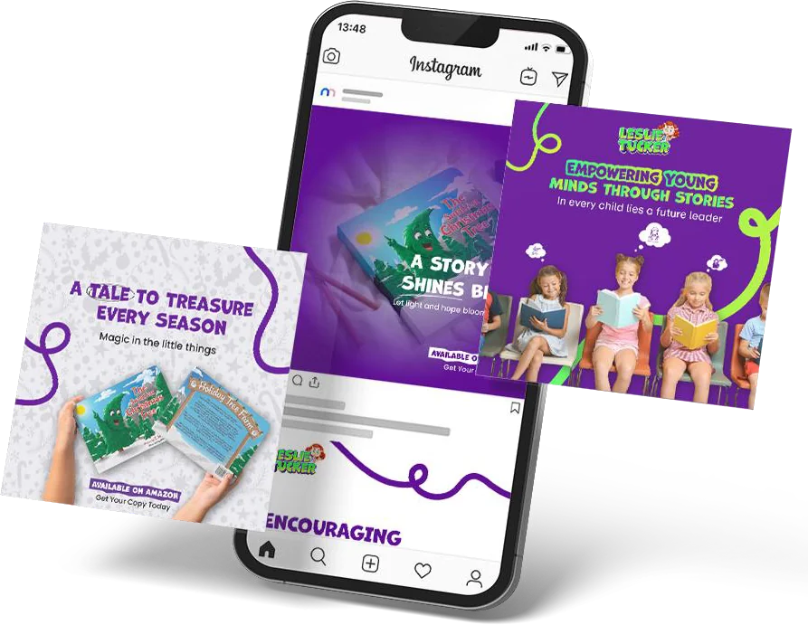 Phone mockup showing social media marketing designs promoting a children’s book on Instagram
