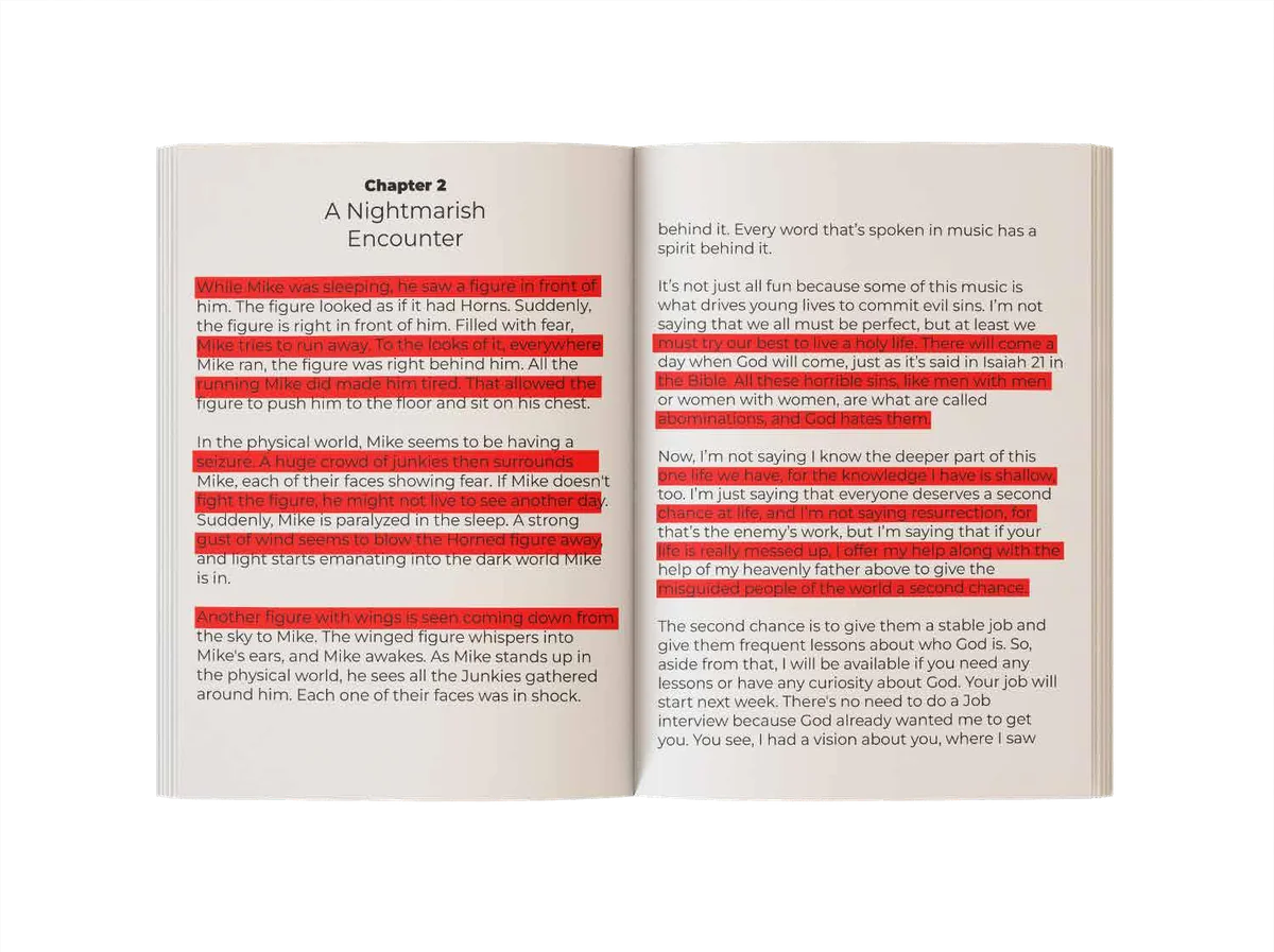 Open manuscript showing line by line editing markup highlighted across a chapter