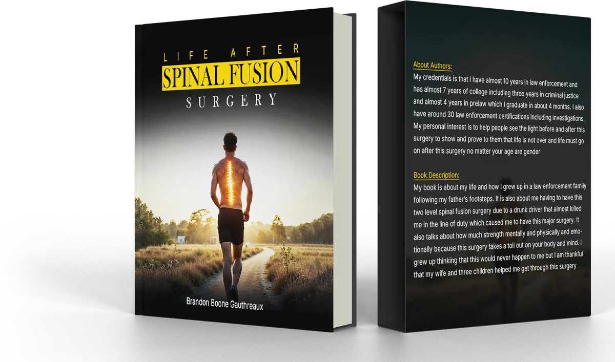 Memoir book cover design for Life After Spinal Fusion Surgery shown with its back cover