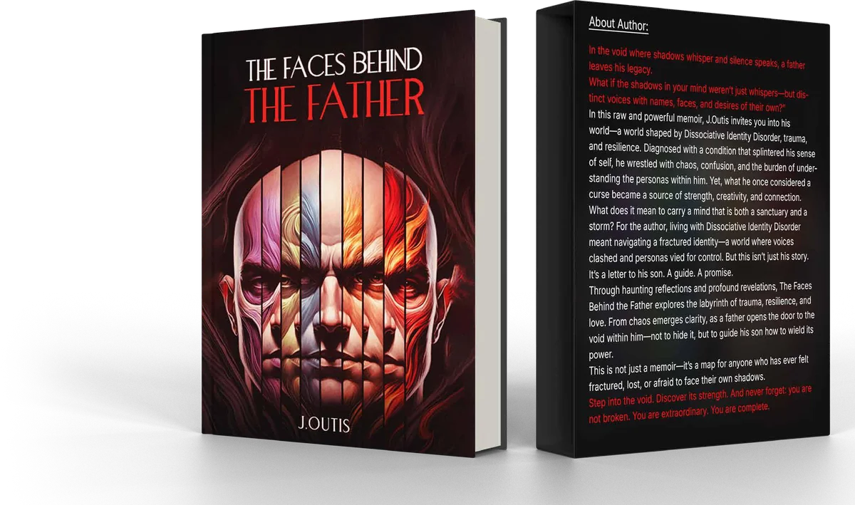 Memoir book cover design for The Faces Behind the Father displayed as a 3D book mockup with back cover