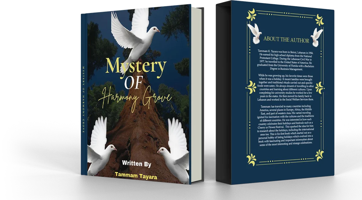 Detective fiction book cover design for Mystery of Harmony Grove shown as front and back mockups