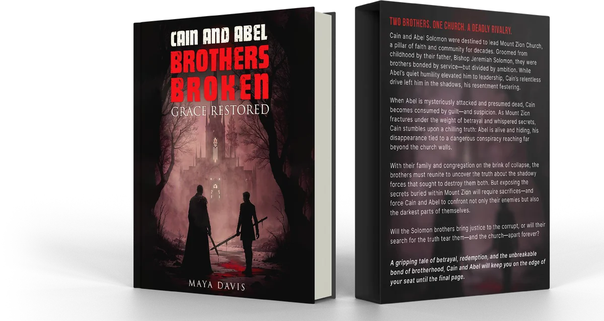 Mystery thriller book cover design for Cain and Abel Brothers Broken Grace Restored as 3D mockups