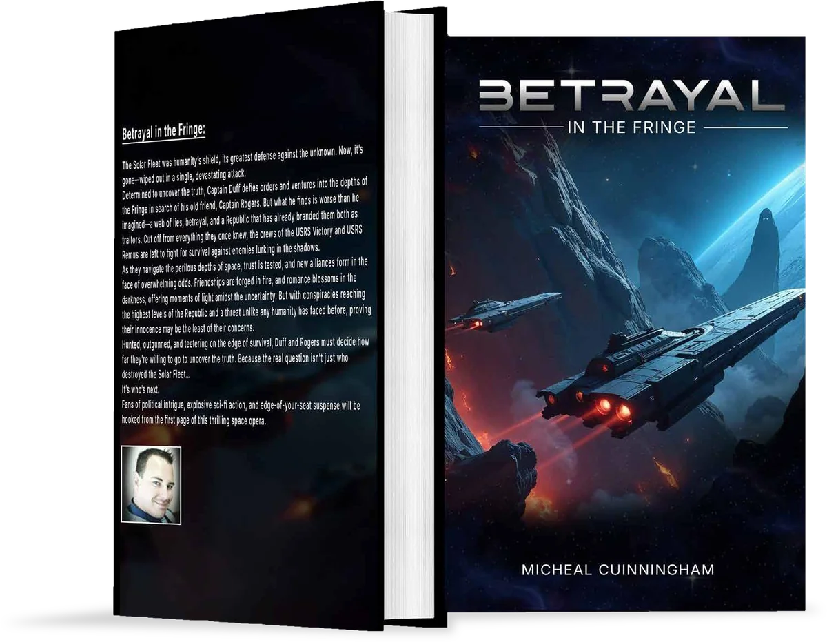 Science fiction book cover design for Betrayal in the Fringe shown as front and back 3D book mockups
